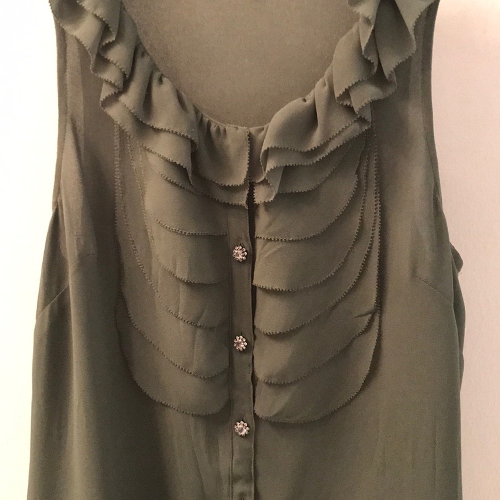 NWT Olive Green Silk Top with Rhinestone Buttons